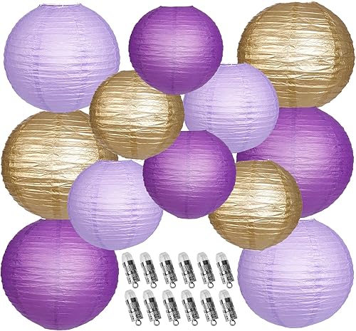 Faroles de papel decorativos, color morado lavanda dorado colgantes, linternas chinas redondas con luces para graduación, despedida de soltera,