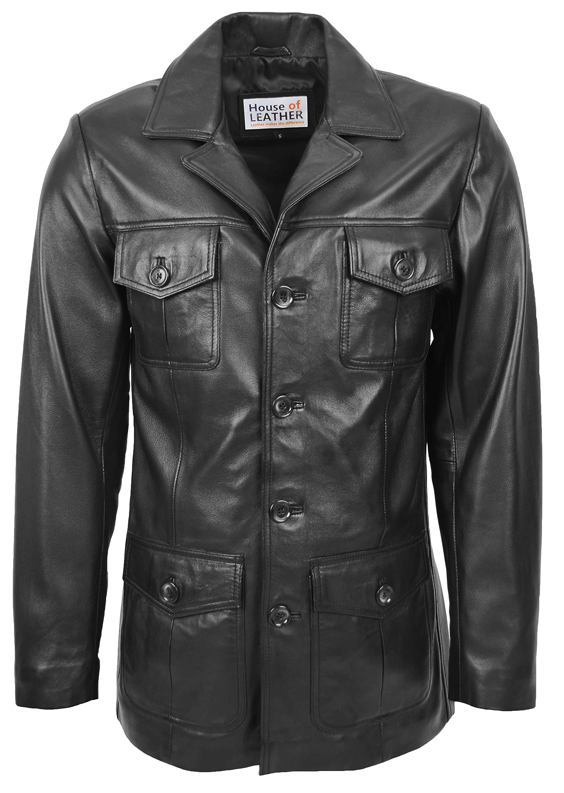 Mens Leather Reefer Jacket Classic Button Fastening Blazer Style Jerry