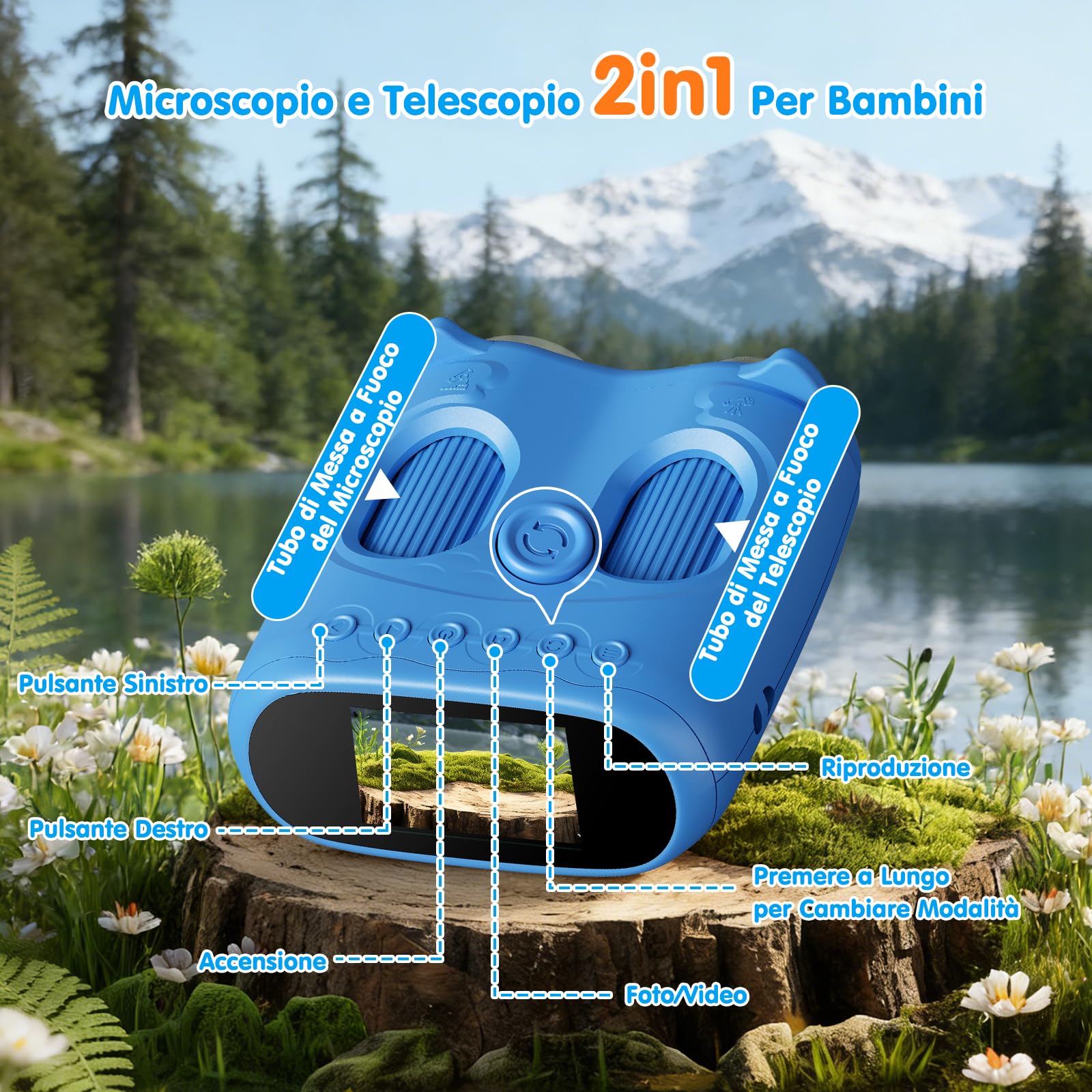 2 in 1 Microscopio Bambini e Telescopio, Microscopio Digitale Bambini con Scheda 32GB, 1000X Microscopio Portatile con Schermo IPS da 2,0 Pollici e 8 Luci LED, Regalo per Bambini dai 3 Anni