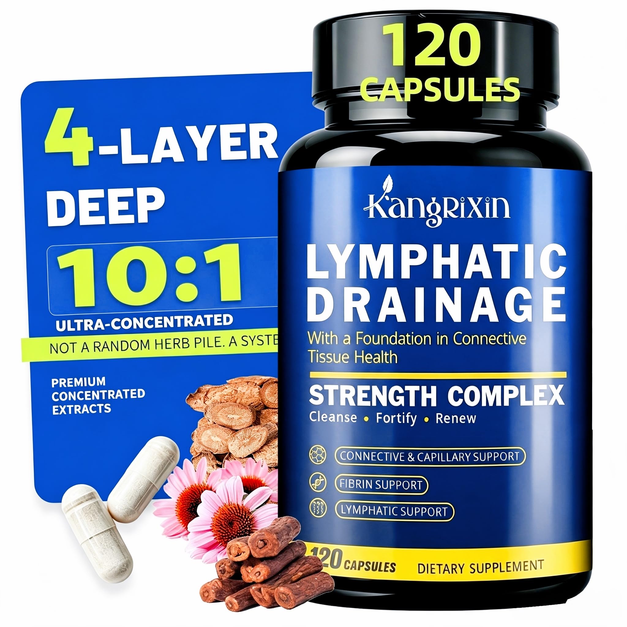 Lymphatic Drainage Supplements - 4 Layer Unique Formula with Bromelain, Echinacea, Dandelion, Burdock, Grape Seed, Betaine & More, Lymph System Support for Women & Men – 120 Capsules