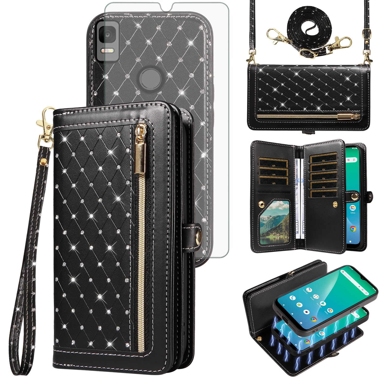 Phone Case for Cricket Icon 5 SL112C/AT&T Motivate 4 SL112A Zipper Wallet Detachable Cell Cover with Screen Protector Crossbody Strap Bling Flip
