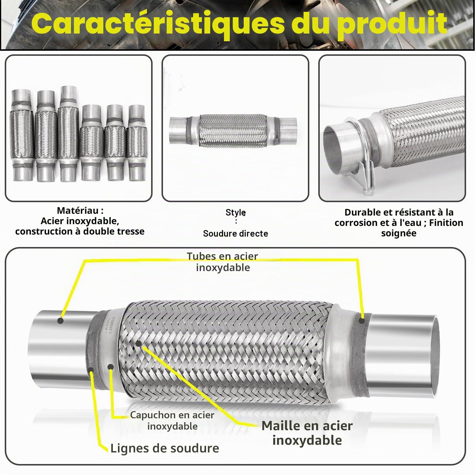 Lot de 3 tuyaux d'échappement flexibles en acier inoxydable - Double tresse - Colliers de serrage en U - Pour voitures, camions, bus (6,3 x 15,2 x 25,4 cm)