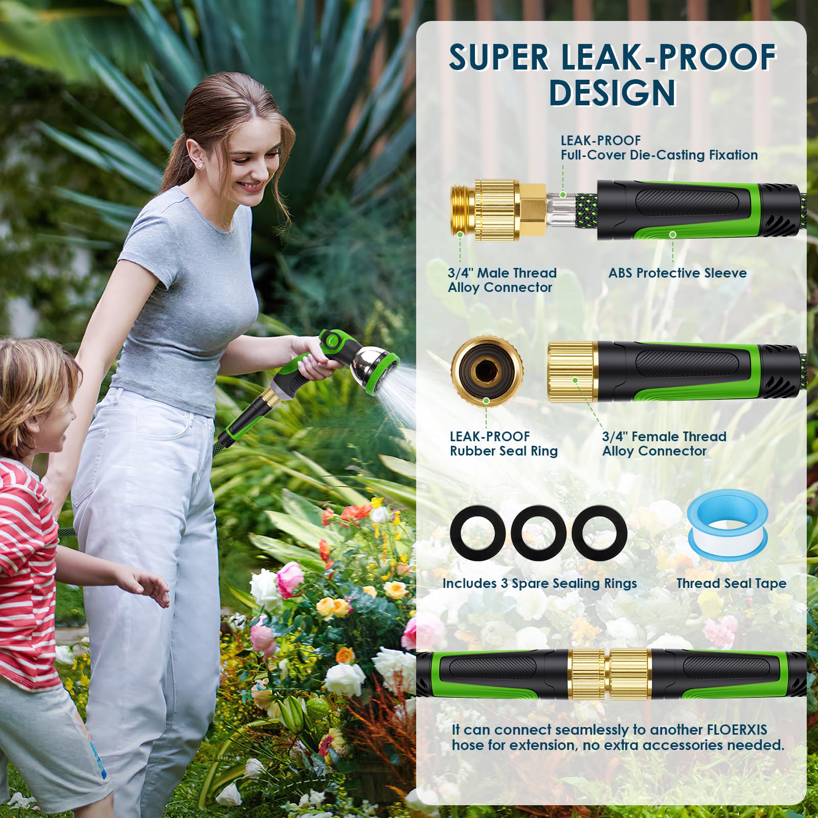 FLOERXIS Non-Expandable Garden Hose 50 FT, Lightweight Hose with 10 Function Spray Nozzle, Kink-Free Flexible Water Hose, Durable, Leak-Proof, 360° Swivel Connectors, Portable Storage Strap — view 6