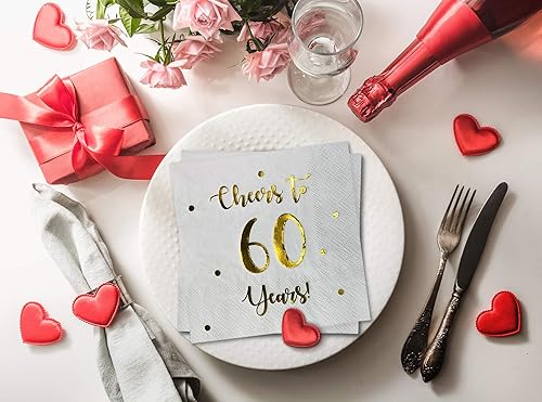 Miniatura 3 de Servilletas de cóctel de Cheers to 60 años, decoraciones de feliz cumpleaños 60 para hombres y mujeres, decoraciones de aniversario de boda, paquete