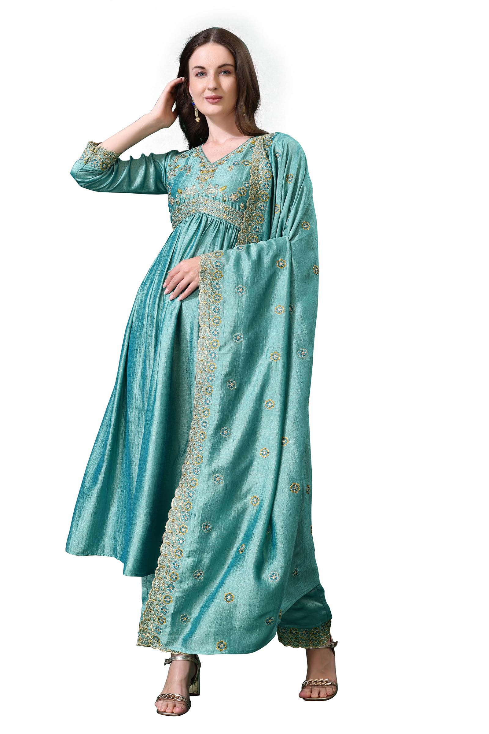 Pratham Blue Women's Silk Embroidered Regular Kurta Sets (Bkp-1006-L_Green