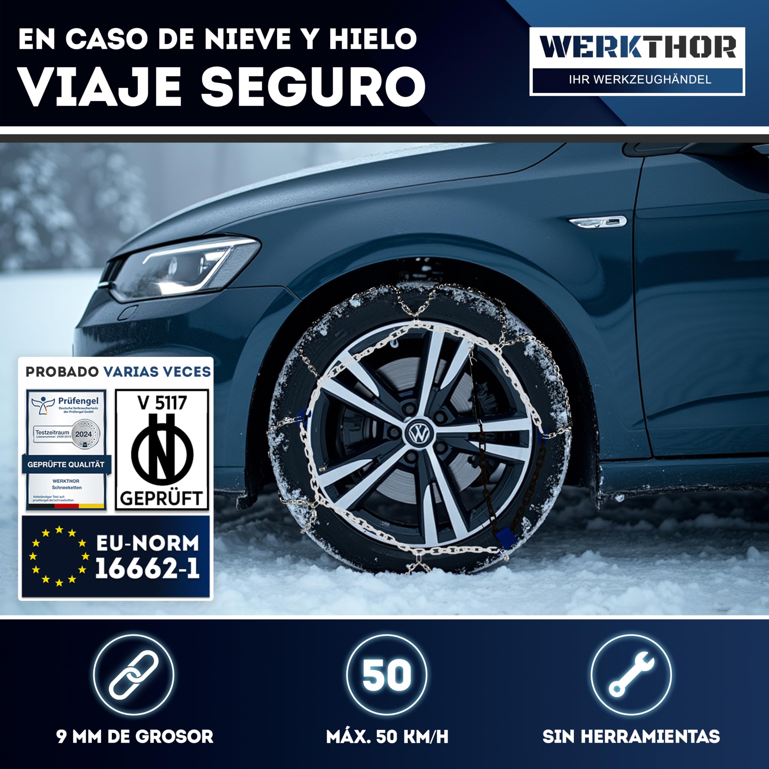 WERKTHOR 2x Cadenas de Nieve para Coche - Cadenas para Autos Certificadas - Máximo Agarre y Montaje Fácil - Cadenas Metálicas para Nieve - Para Diversas Medidas de Ruedas