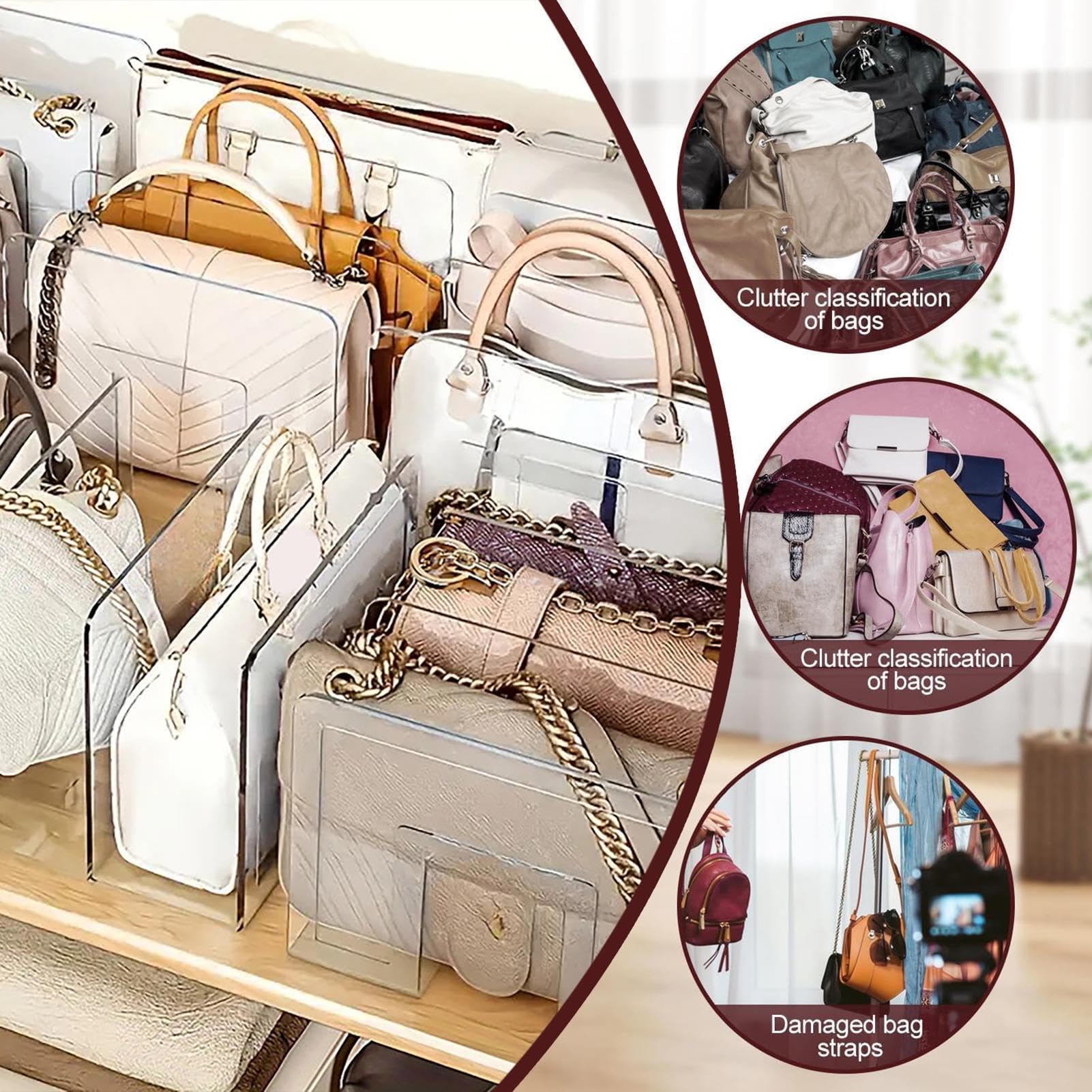 Organizer per armadio – 4 scomparti trasparenti per mensole, divisori per | frizione e mensola portaoggetti per camera da con spaziatura regolabile, organizer per borse in acrilico per armadio con