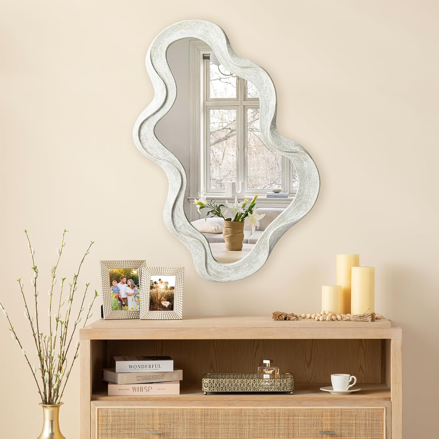 Glitzhome 32''H Irregular Wall Mirror, Wash White Asymmetrical Bathroom Mirror, Wood Frame Decorative Vanity Mirrors for Bedroom Living Room Entryway
