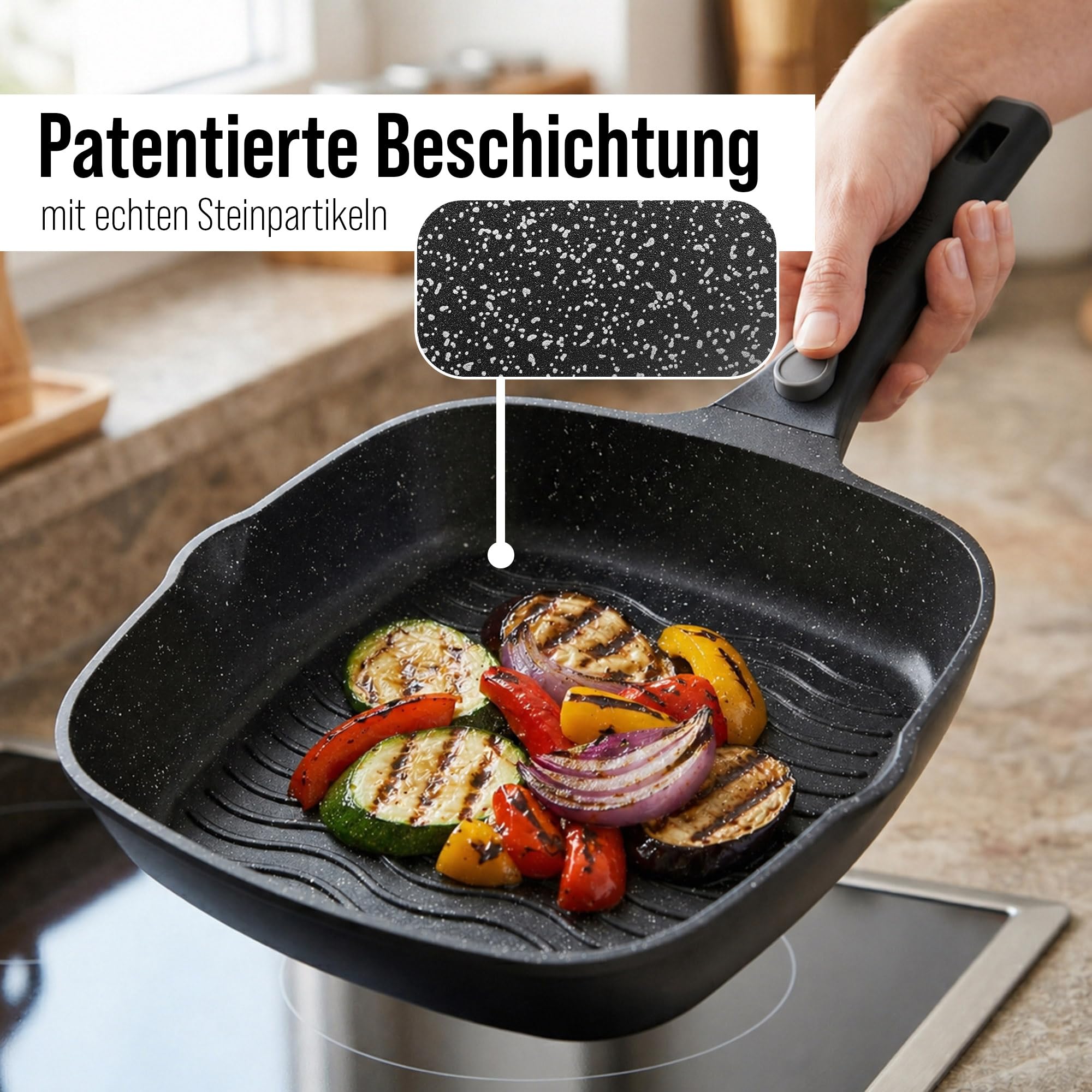 STONELINE SMART Grillpfanne 28 cm ☆ REDESIGN 25/26 ☆ Große Steak Pfanne Aluguss, Abnehmbarem Griff, Pfanne Induktion, Alle Herdarten, Antihaftbeschichtet mit echten Steinpartikeln, Grau