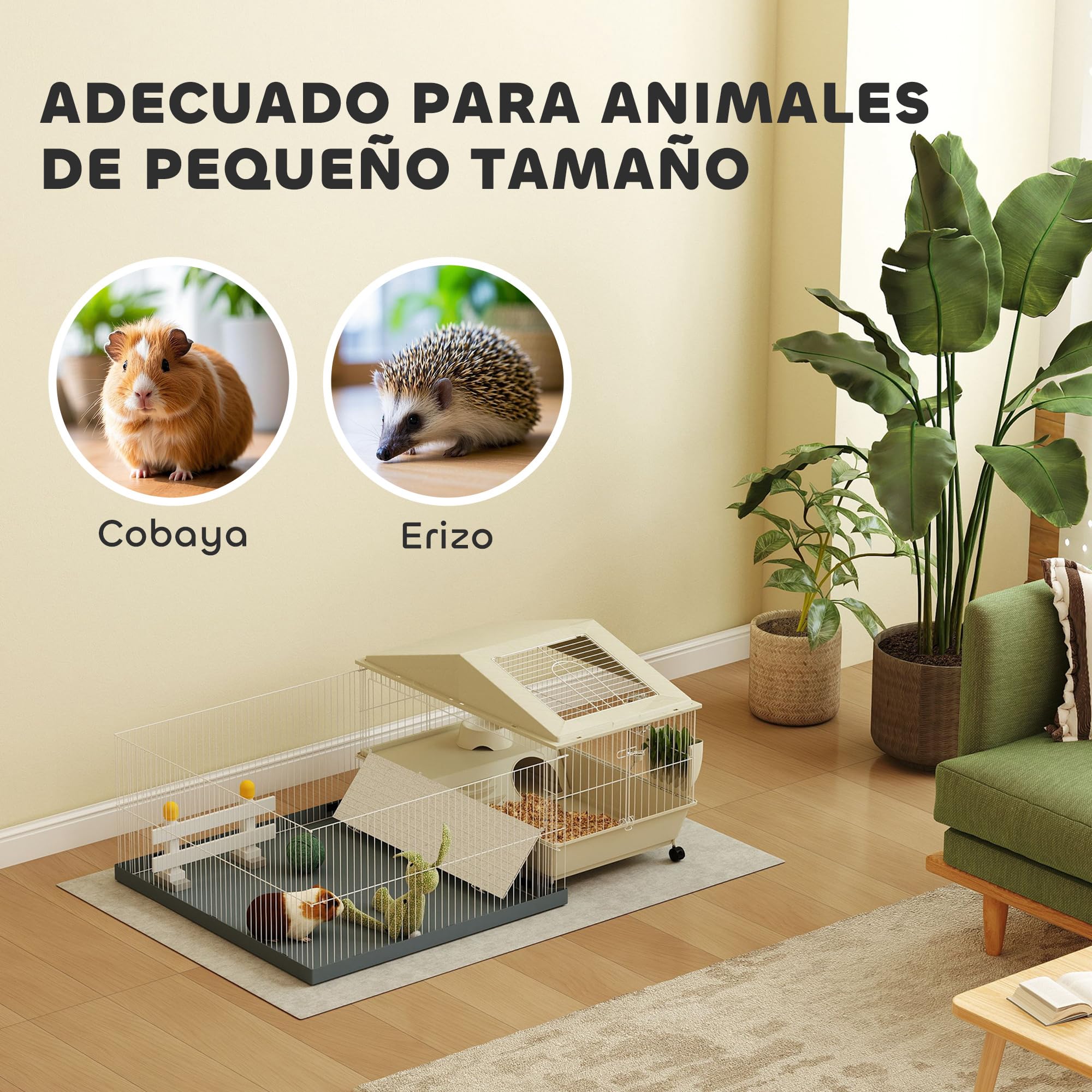 PawHut Jaula para Animales Pequeños Cobaya Desmontable 108x71x57 cm Beige | Jaula para Roedores, Corral, Ruedas, Rampas, Cuenco, Botella de Agua, Dispensador de Heno