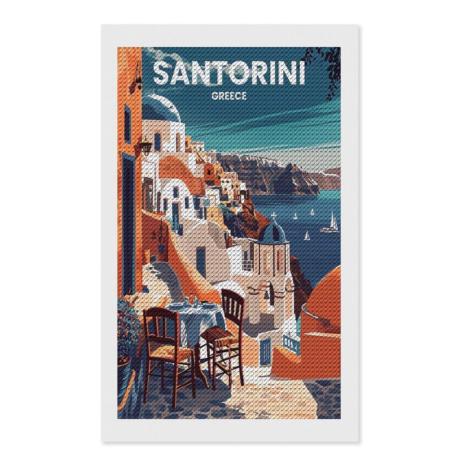Junmoney Santorini Greece(6) Diamond Art Kit 12"x20", Relaxing DIY Hobby, Satisfying Creative Project, Living Room Decor, for Women