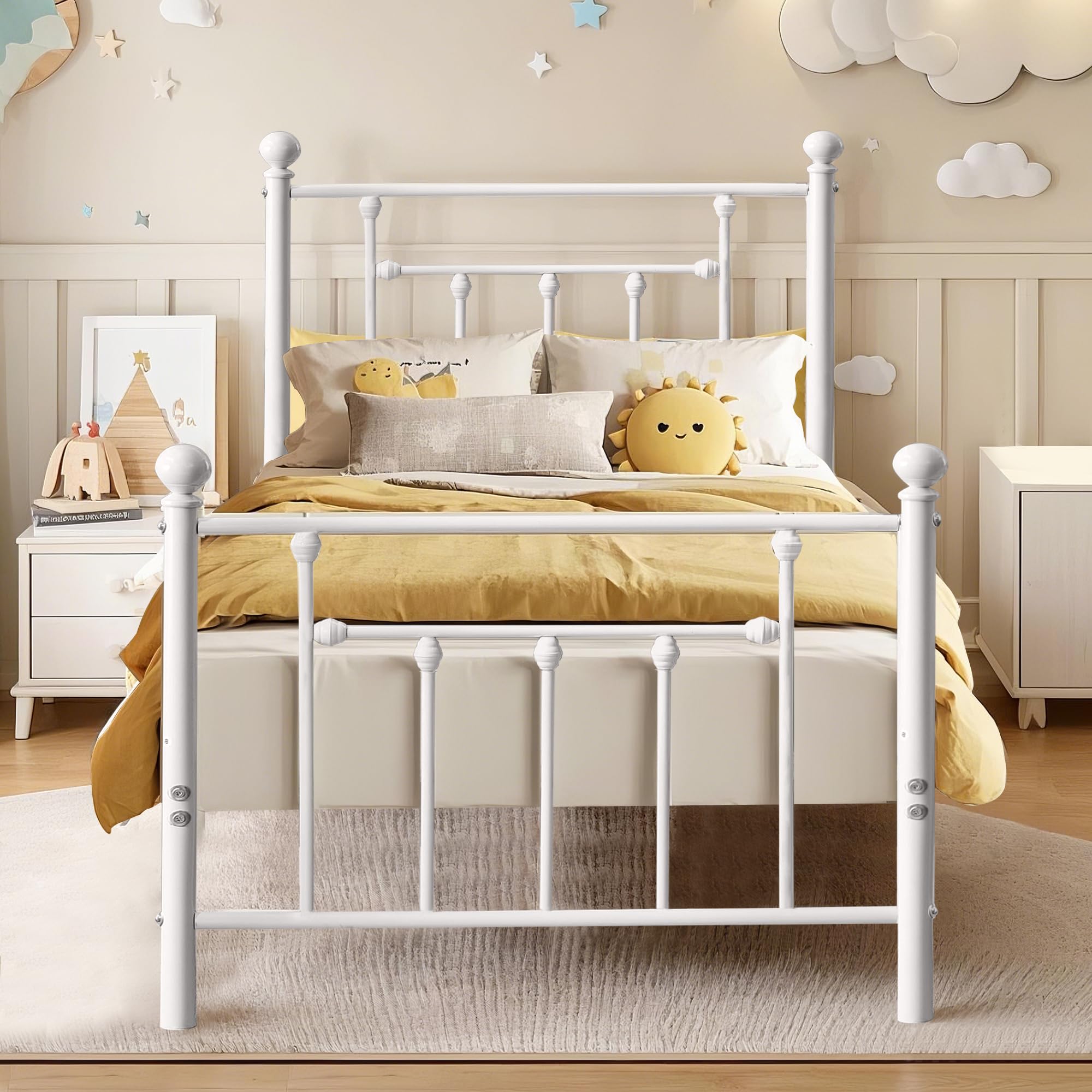 VECELO 3ft Single Bed Frame, Metal Platform with Victorian Style Headboard, Heavy Duty Steel Slat Support, No Box Spring Needed Mattress Foundation, Underbed Storage Space, Easy Assemble