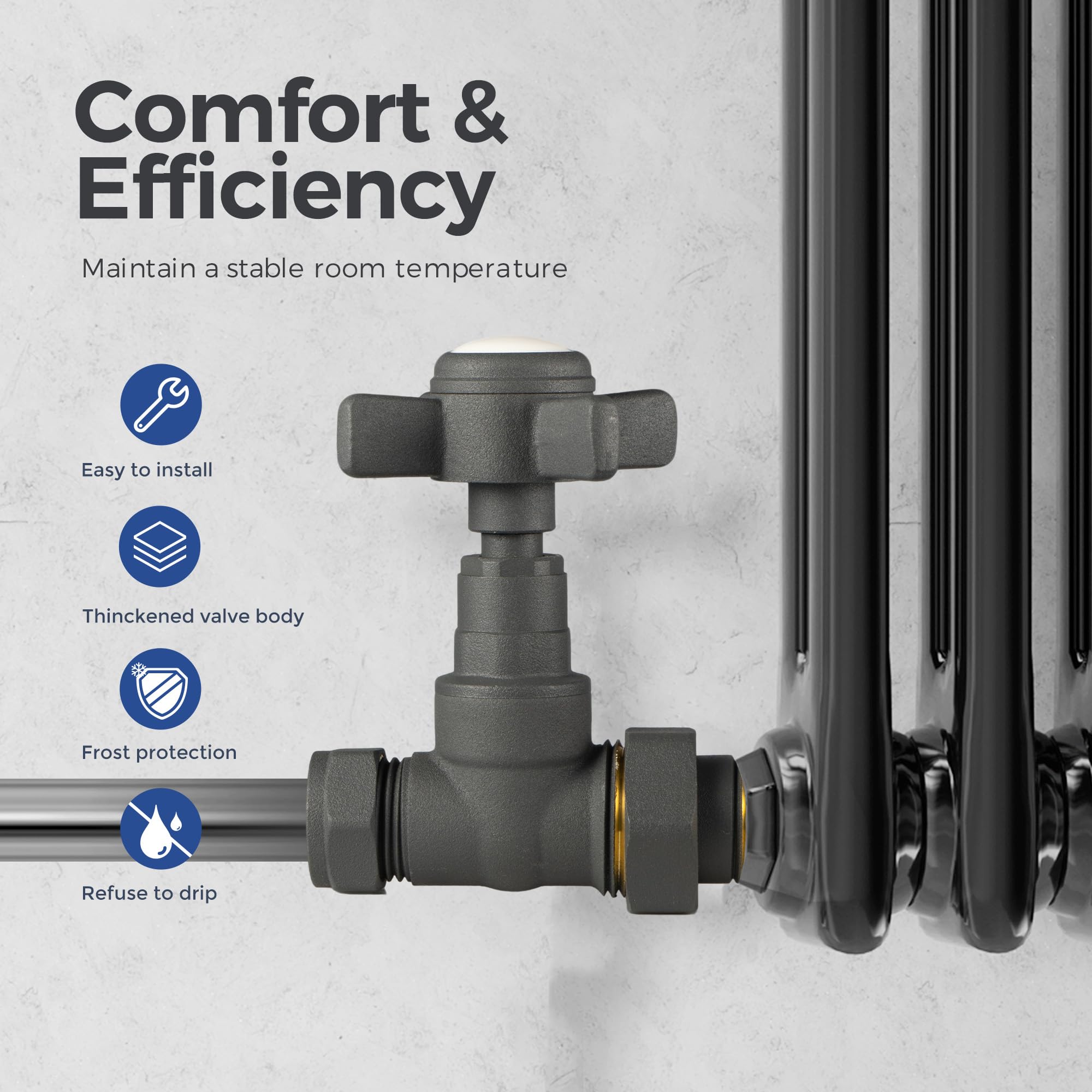 VANCOCO 1/2"×15mm Anthracite Traditional Radiator Valve Straight (Pair) - Image 4