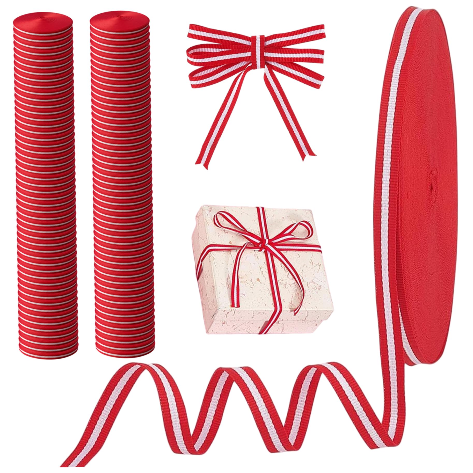 Licsaliwe Striped Ribbon - 100PCS Red and White Ribbon, 109 Yards 3/8 Inch Wide Polyester for Holiday Decorations Wrapping Crafts Party