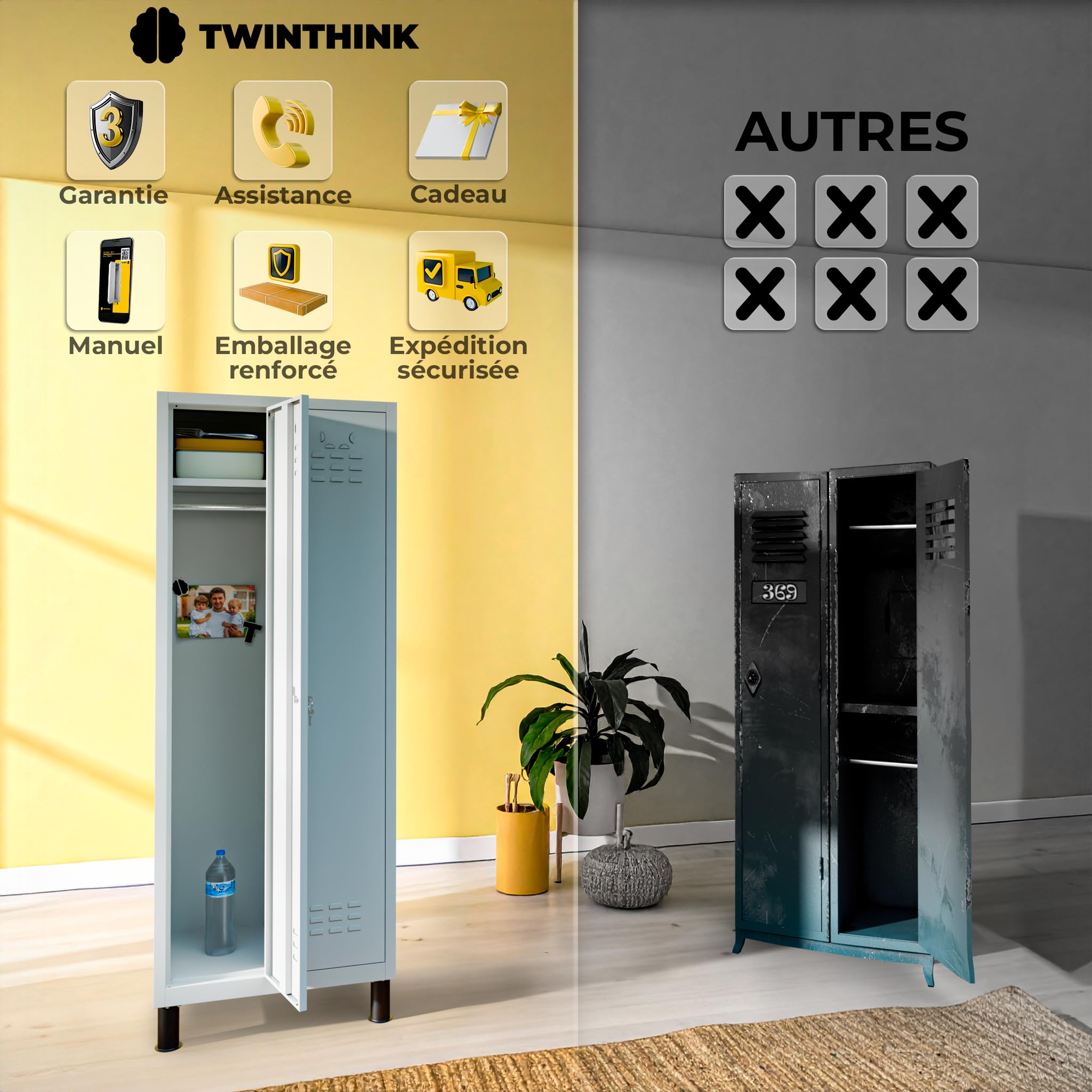 Vestiaire metallique à 2 portes, Casier Vestiaire avec serrure (Gray)