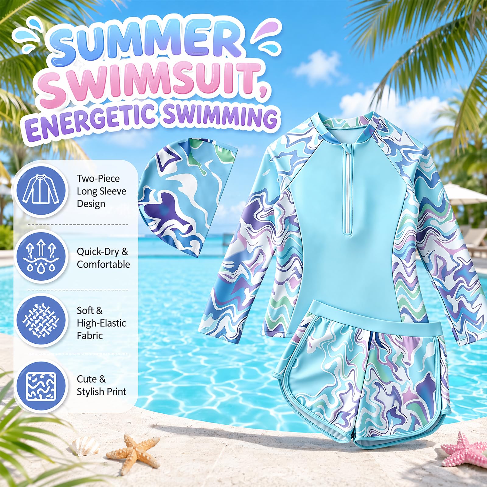 UV Badeanzug Mädchen 2-teilig, Langarm Rashguard Set mit Shorts, Kinder UV Badebekleidung mit Sonnenschutz, Teenager Schwimmanzug mit Polster, Schwimmshirt & Badehos