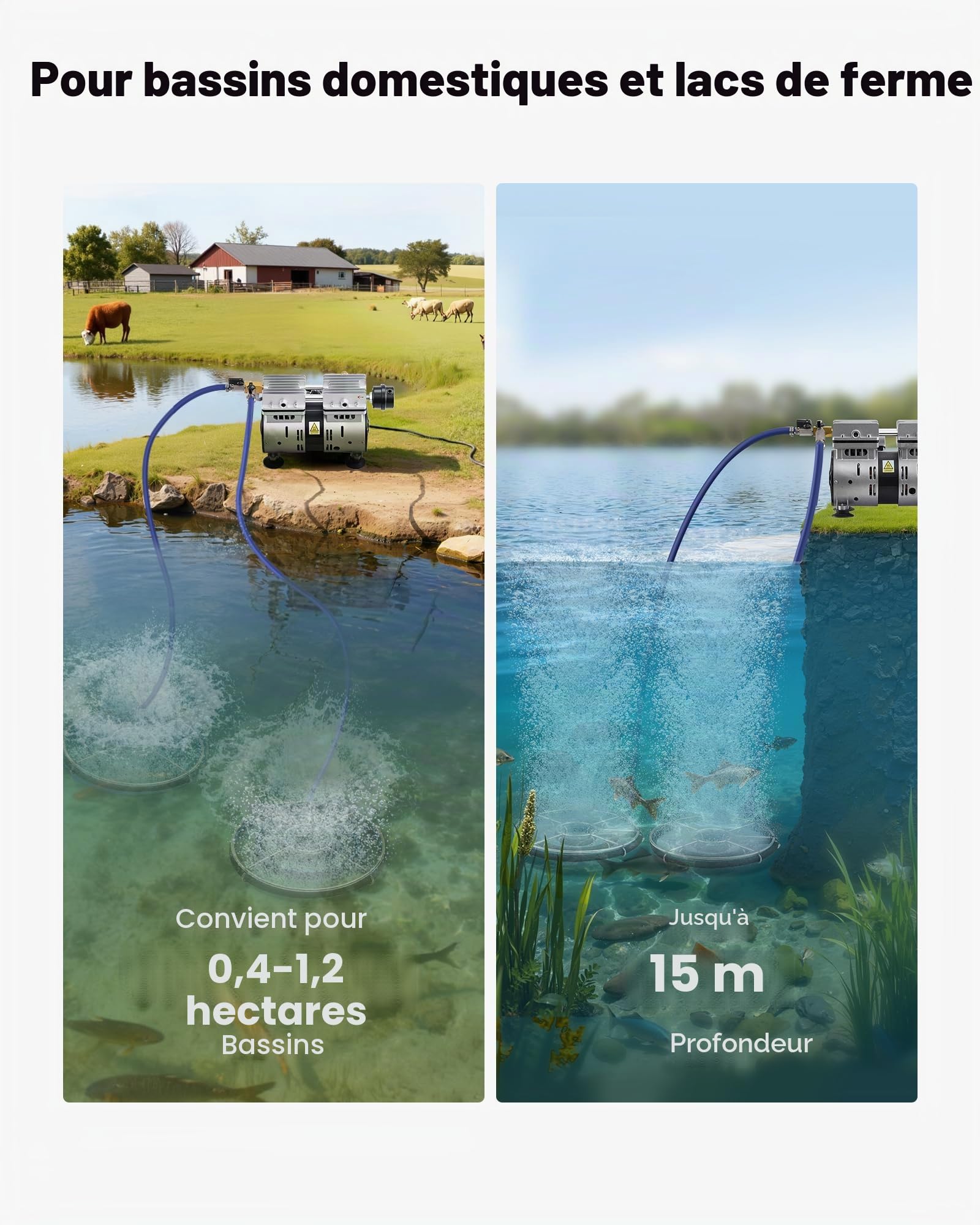 VEVOR Aérateur de Bassin 590 W Système d'Aération Lac de 1,2 hectare Pompe à Air Étang Extérieure pour Circulation Oxygène en Eau Profonde, avec Compresseur Air, 2 Diffuseurs, 2 Tuyaux Lestés 30,5 m