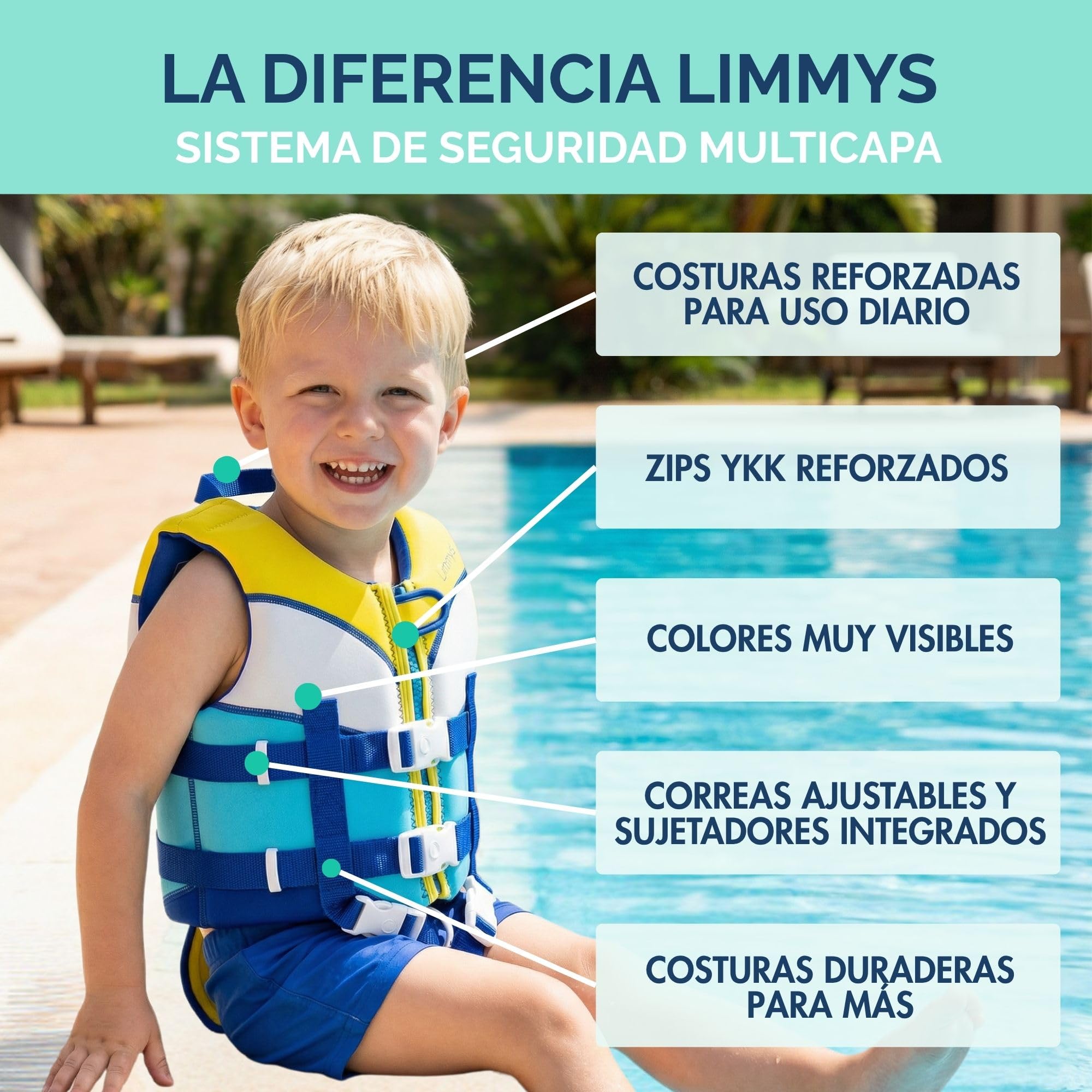 Limmys Chaleco de Natación para Niños – Ayuda a la Flotación con Paneles de Espuma Integrados, Certificado CE, Diseño Premiado, Doble Cierre con Cremallera YKK, Neopreno Premium Suave