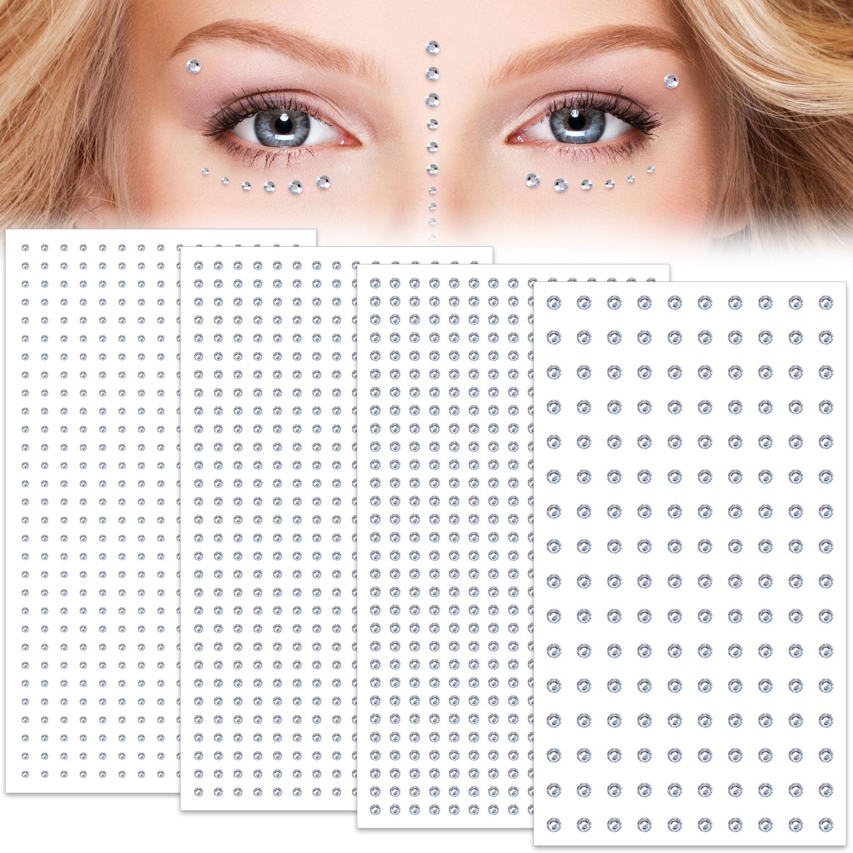 Photo 1 of Isslly 4 Sheets Mini Face Hair Gems Stickers, Acrylic Face Rhinestones Stick on, 2mm, 2.5mm, 3mm, 4mm Adhesive Jewels Makeup Stickers, Fake Earrings Stick on Ears, Nose for Halloween, Parties