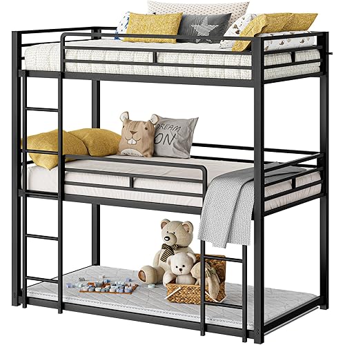 LIKIMIO Bunk Bed, Triple Bunk beds Twin Over Twin Over Twin with 2 Ladders, Metal Frame with Guardrails for Bedroom, No Box Spring Needed