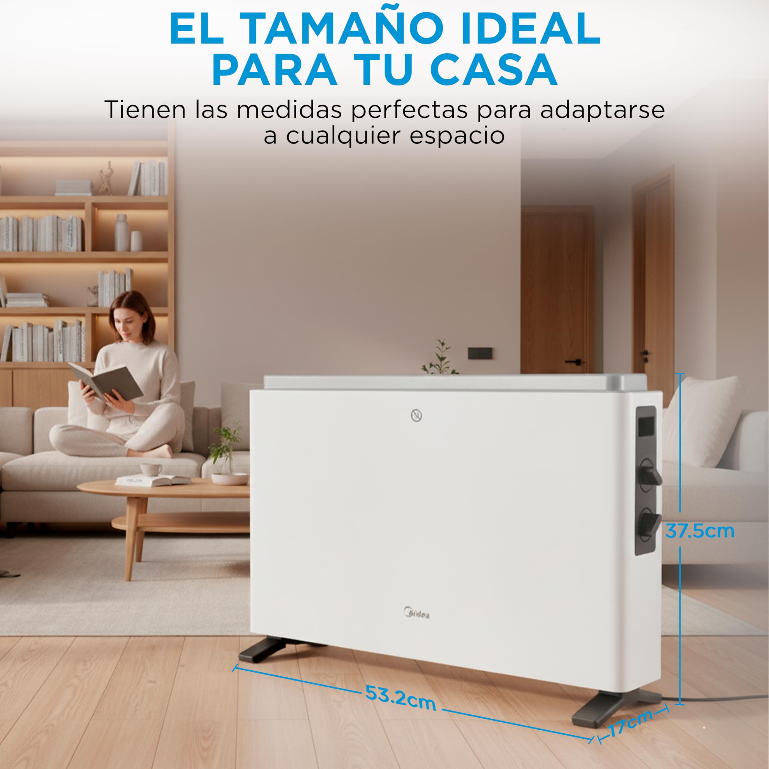 MIDEA Convector Radiador Electrico Bajo Consumo | 2000W | Calefactor Electrico con Termostato Regulable, Estufa eléctrica con 3 Niveles de Potencia, Emisor Térmico con Protección de Sobrecalentamiento