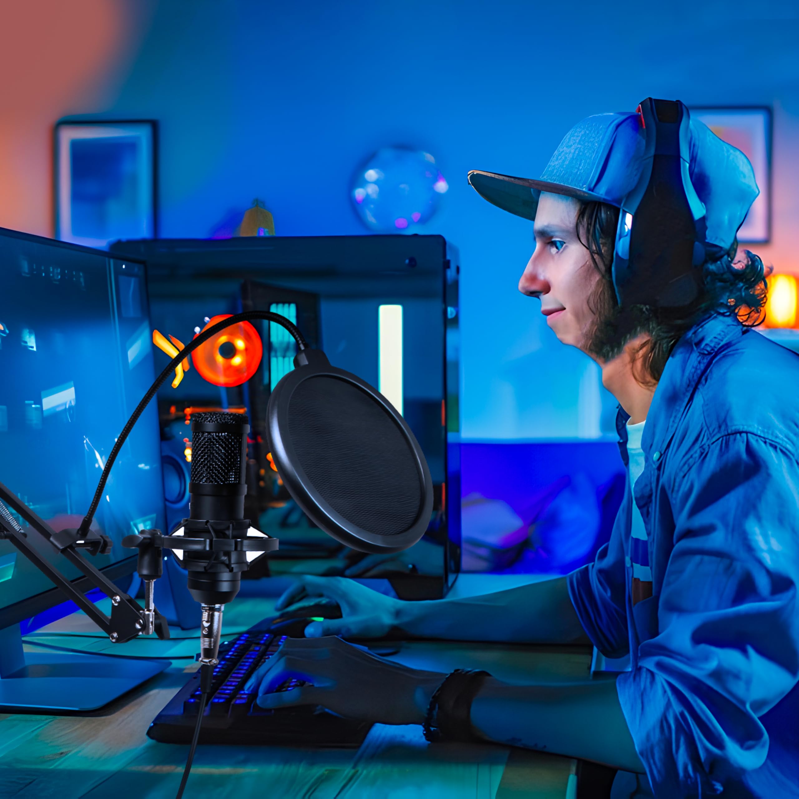 Retoo USB Mikrofon Nierenmikrofon Unidirektionales mit POP Filter Mikrofon mit Verstellbarer Griff Plug&Play Funktion Kopfhörereingang für Audiokünstler Podcaster und Musiker