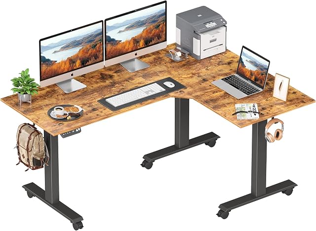 FEZIBO Corner Standing Desk with Triple Motor, 160 * 120cm Electric Height Adjustable Stand up L-Shaped Desk, Sit Stand Workstation with Splice Board, Black Frame/Rustic Brown Top, Only Right