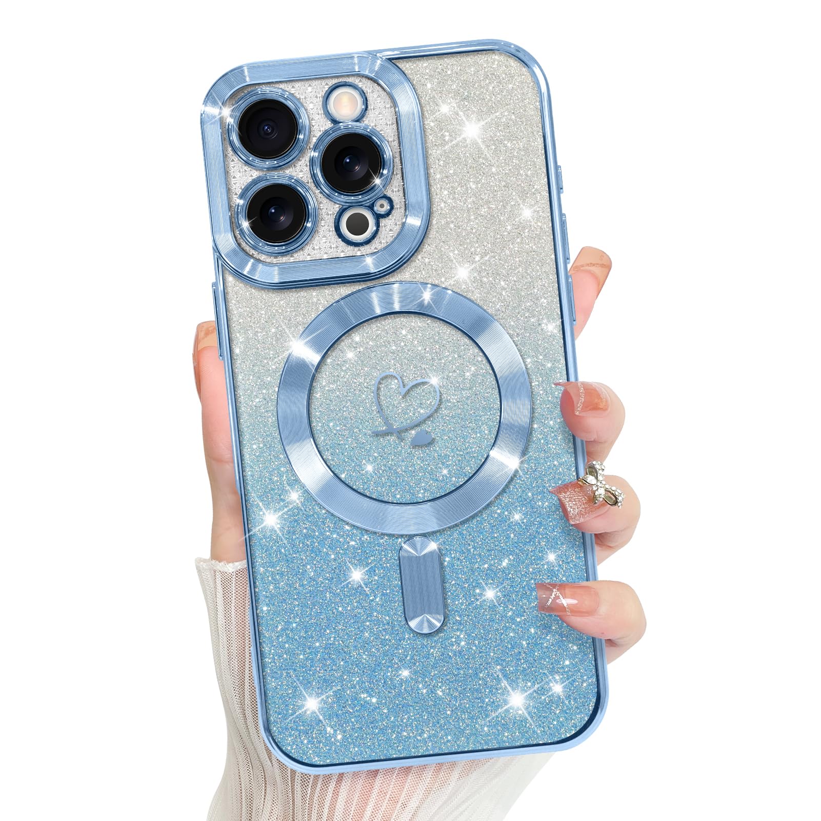 Bonoma Compatible with iPhone 16 Pro Max Case Support for MagSafe, Plating Heart Glitter Magnetic 2* Screen Protector TPU Camera Protection Back Cover