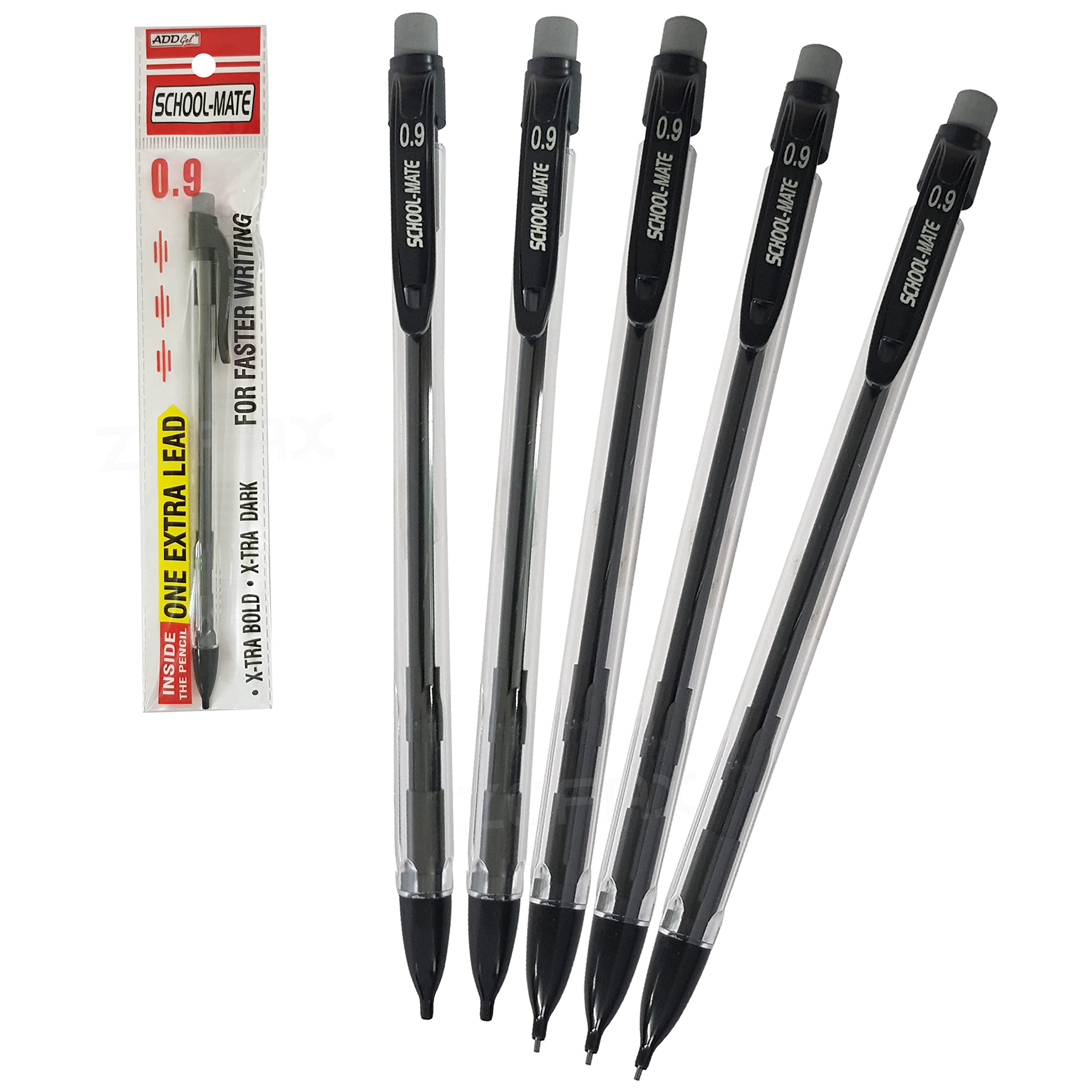 SCHOOL-MATE Mechanical Pencils Set, 0.9 mm Lead Size, Pack of 5, Propelling Pencils, Built-in Eraser, Write Draw Sketch Use, ZOFAX Black Ball Pen