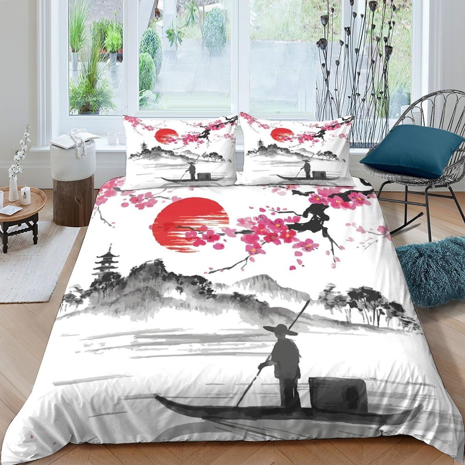 Ctjqhvkz Style-4 3D Printed Japanese Ink Landscape Fitted Sheet Microfiber Soft Red Sun Cherry Blossom Mattress Cover Bedroom Decor Single（135X200cm）