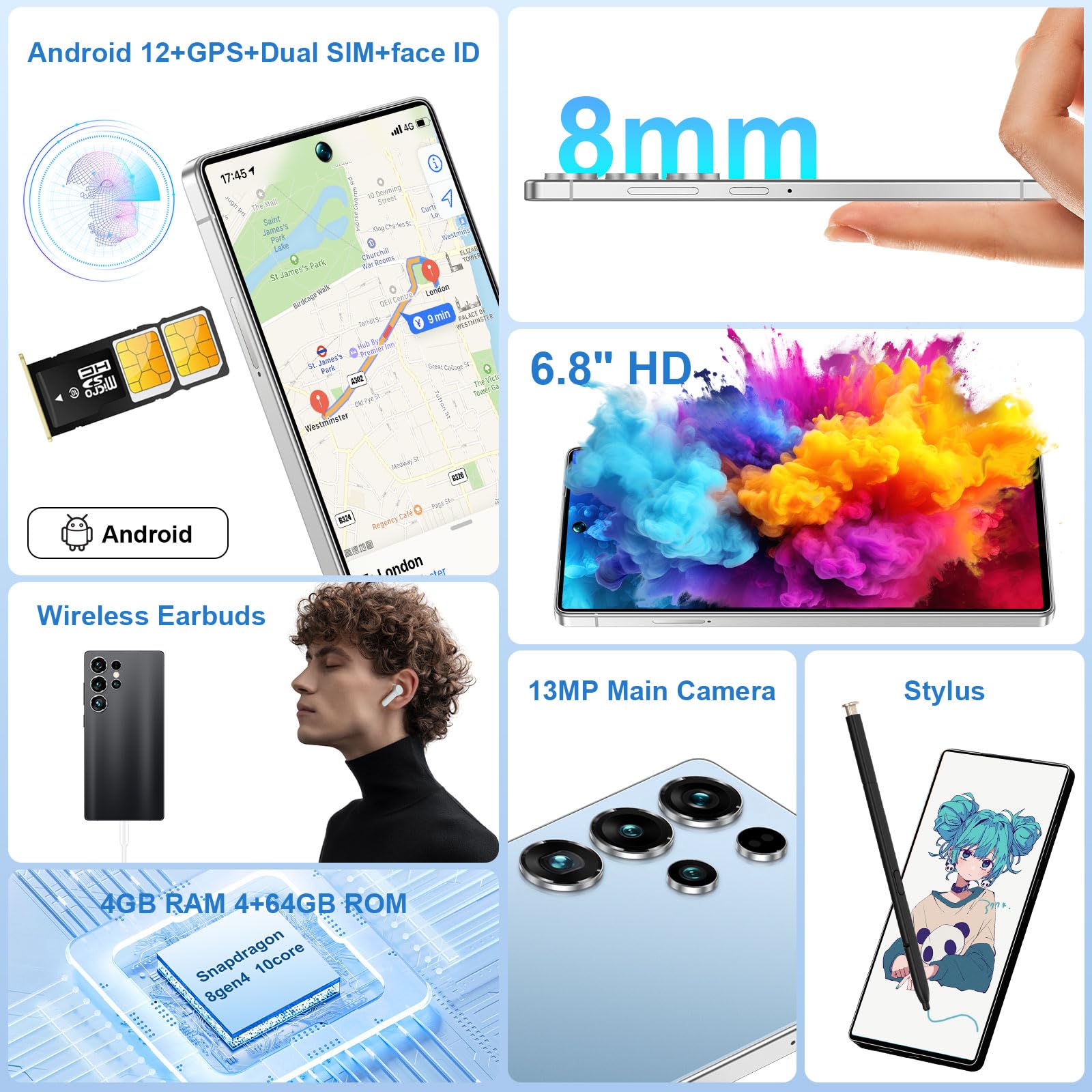 Smartphone HD da 6,8 Pollici con Penna, Telefono Grande Schermo 4G Sbloccato, Riconoscimento facciale/Doppia Scheda SIM/3800 mAh, Telefono Ultra-Sottile Auricolare Bluetooth Incluso
