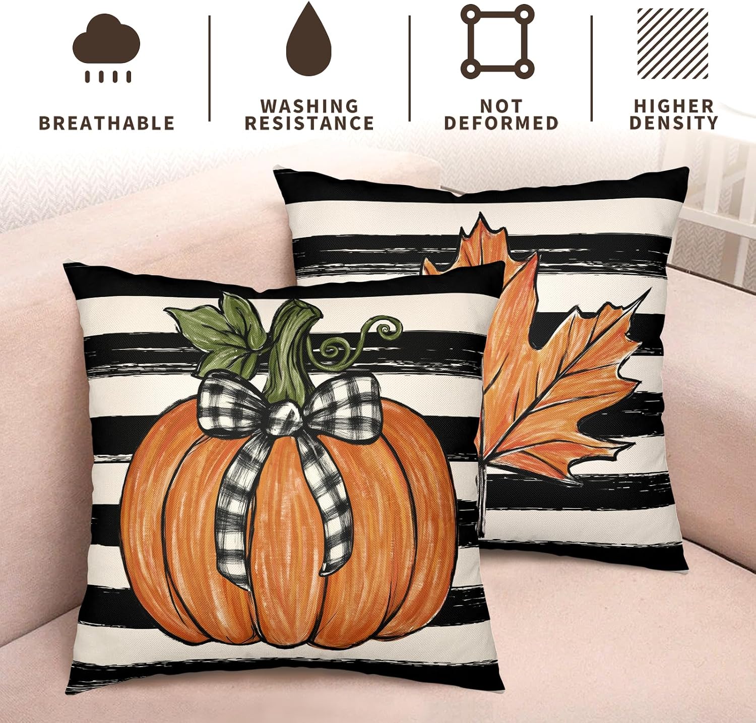 Fall Outdoor Pillow Covers 16x16 Set of 2 Pumpkin Maple Leaves Stripes Decorative Throw Pillows Autumn Thanksgiving Harvest Farmhouse Pillow Cases for Sofa Couch Bed Decor image 5