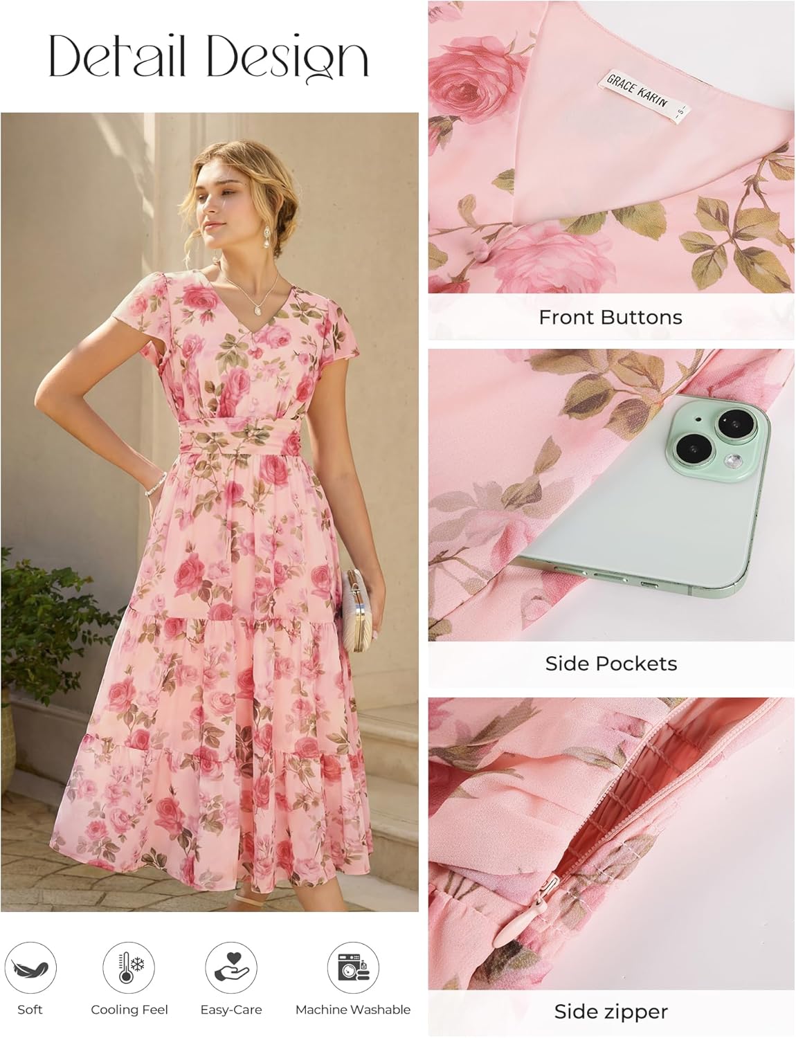 GRACE KARIN 2026 Women Summer Dress,Maxi Short Sleeve Floral Dresses,Semi Formal Flowy Wedding Guest Dress with Pocket