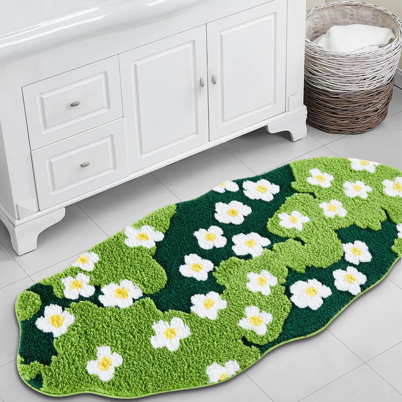 Ouyattle Cute Green Floral Bathroom Runner Rugs Extra Long Bath Mat 24''W x 52''L Non Slip Washable, Modern Chic Boho Aesthetic Trendy Funky Grass