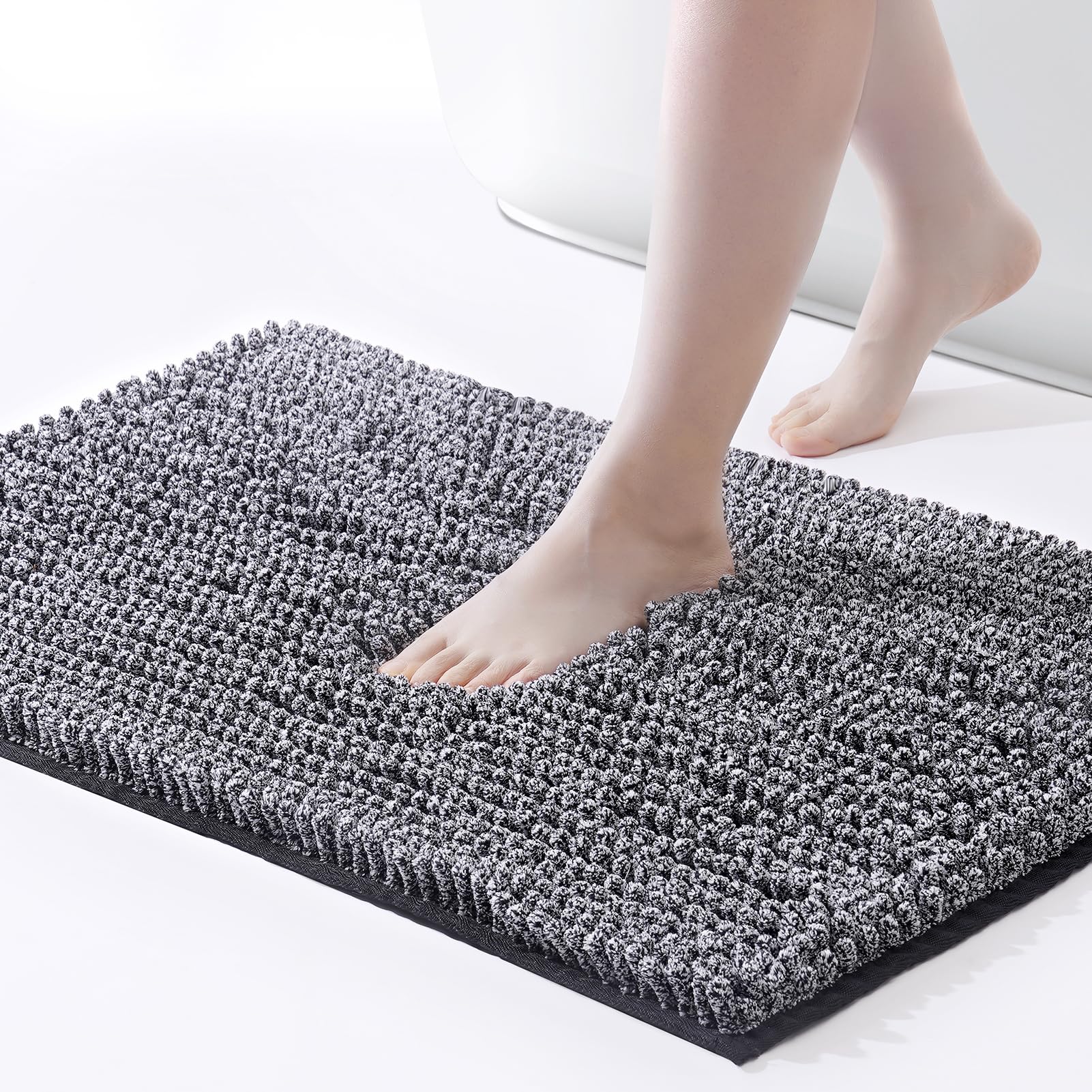 FRESHMINT Chenille Bathroom Rugs Mat 32"x20", Non-Slip Bath Mat for Bathroom Floor & Bathtub, Washable Shower Shag Bath Rugs, Soft Fluffy Thick Water Absorbent Microfiber Shower Mat, Black Heather