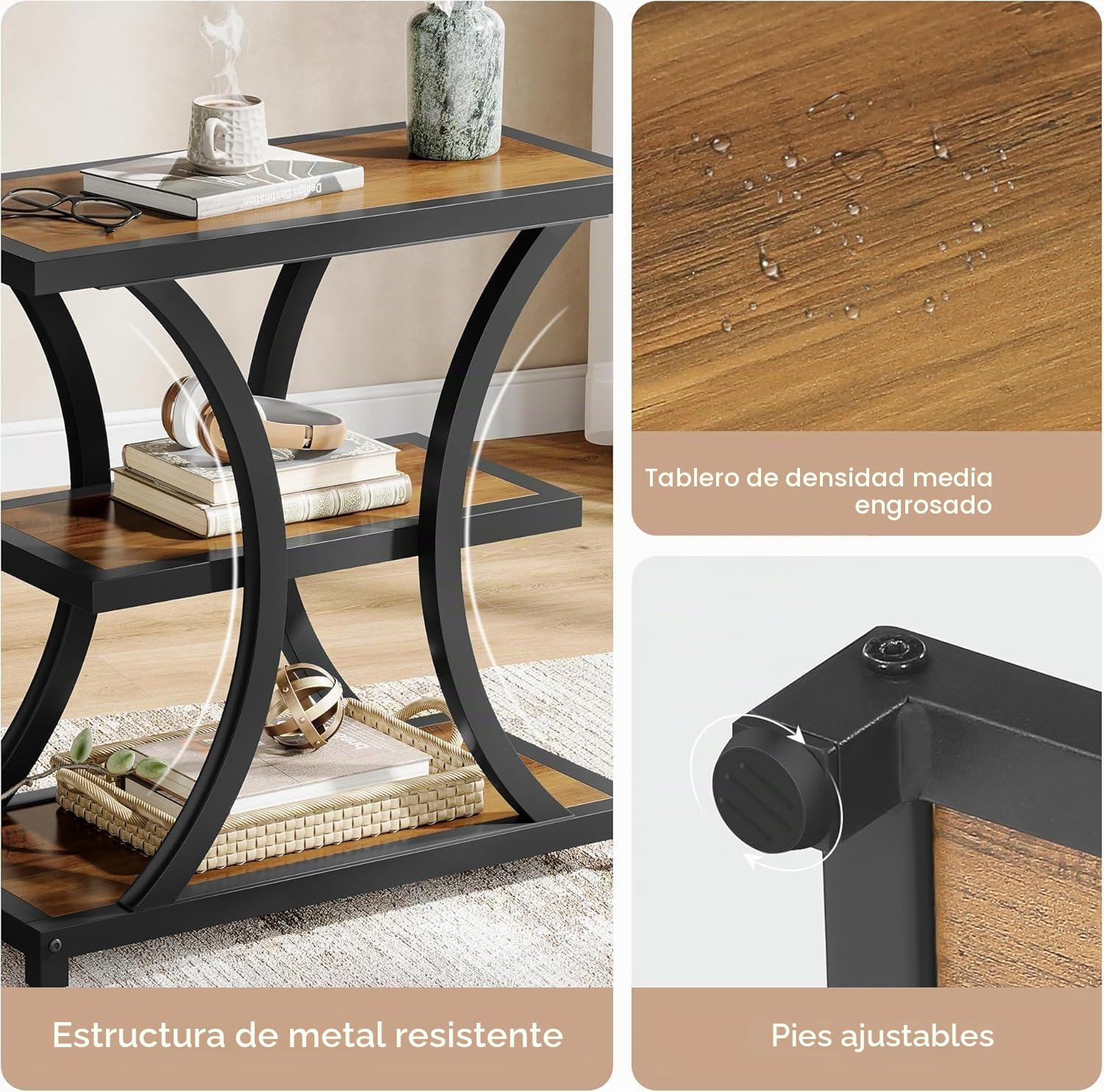 Tribesigns Mesa Auxiliar con Espacio de Almacenamiento, Mesa Auxiliar de 3 Niveles con diseño geométrico de Metal, mesita de Noche Industrial para Espacios pequeños, salón, Dormitorio, Estudio