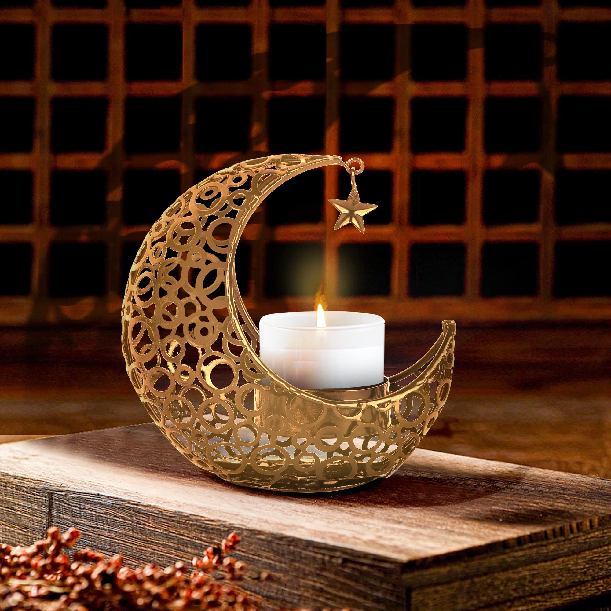 2 Photophores Lune Dorée HIULLEN | Décoration Ramadan/Noël | Fer Doré | 11x11cm | Ambiance Lumineuse