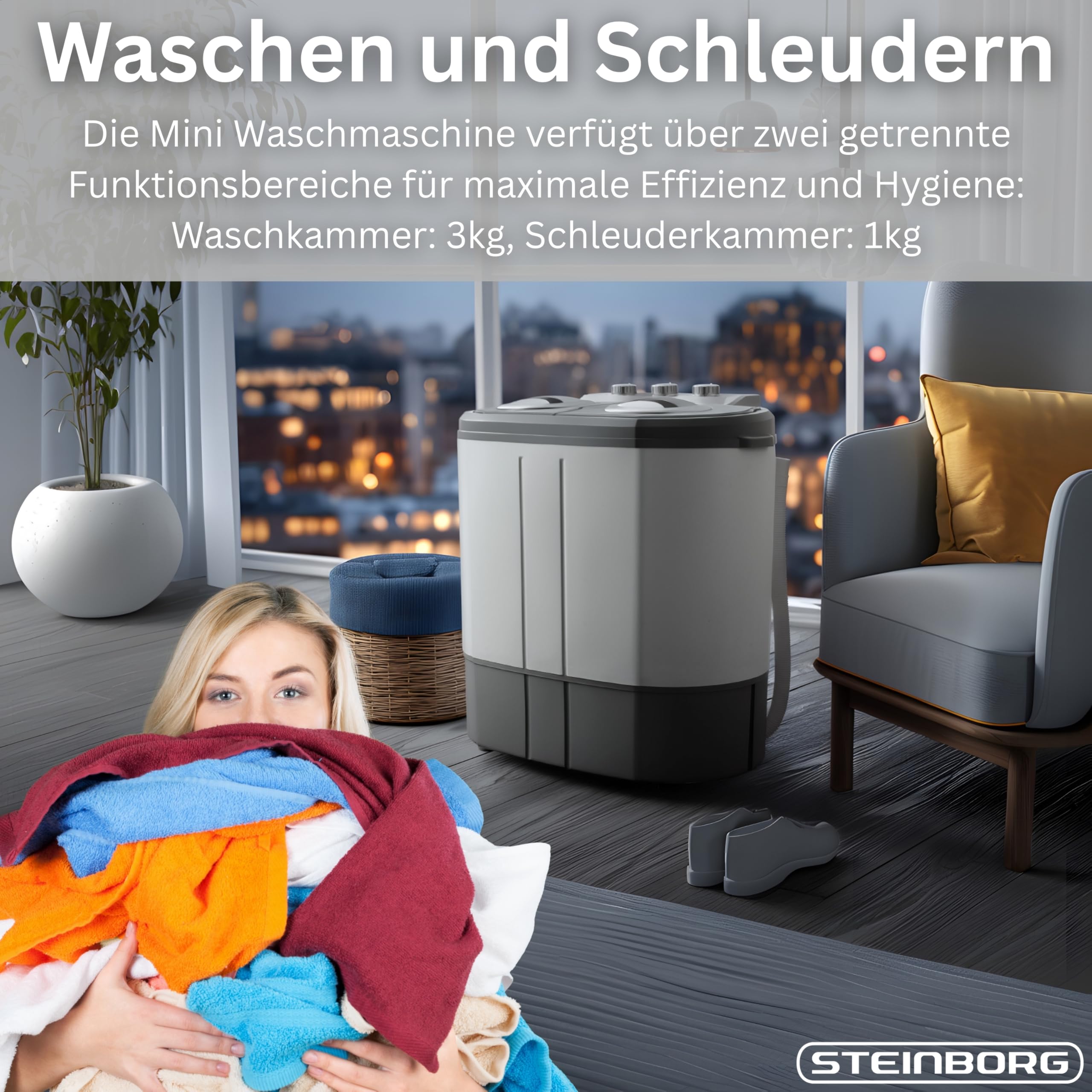 Steinborg Mini Waschmaschine mit Schleuder 2-Kammer Toploader 3 kg 1 kg kompakt Camping Reisen Haushalt