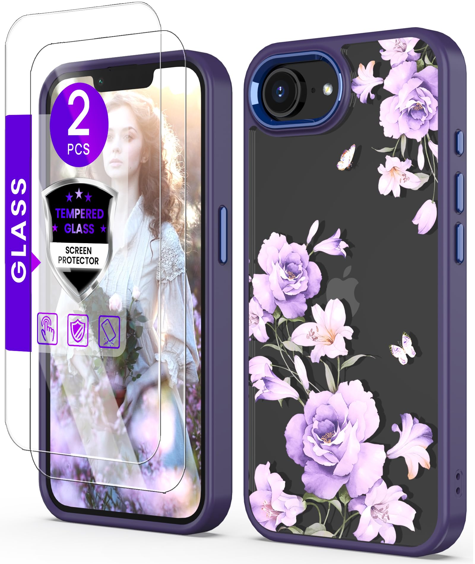 DagoRoo for iPhone 16E/17E Case+Tempered Glass Screen Protector, [Military Grade Protective] Slim Soft TPU & Hard PC,Girls Women Crystal Clear Flower