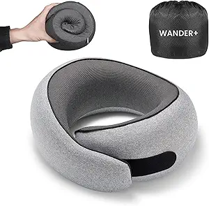 WANDER PLUS® Travel Pillow, 100% Pure Memory Foam Travel Neck Pillow Airplane Neck Support Ergonomic Design Best for Sleeping Plane Car Train Office Flight for Adults Grey
