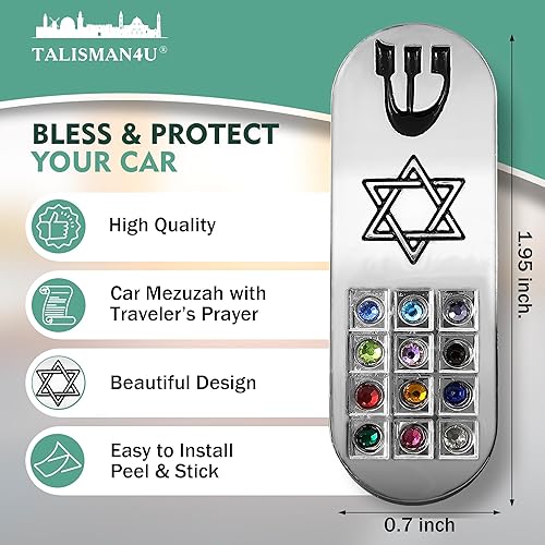 Miniatura 2 de Protección CAR MEZUZAH con viajeros Pergamino de oración Estrella judía de David y Hoshen Mezuza de Israel Jerusalén Arte Judaica Regalo