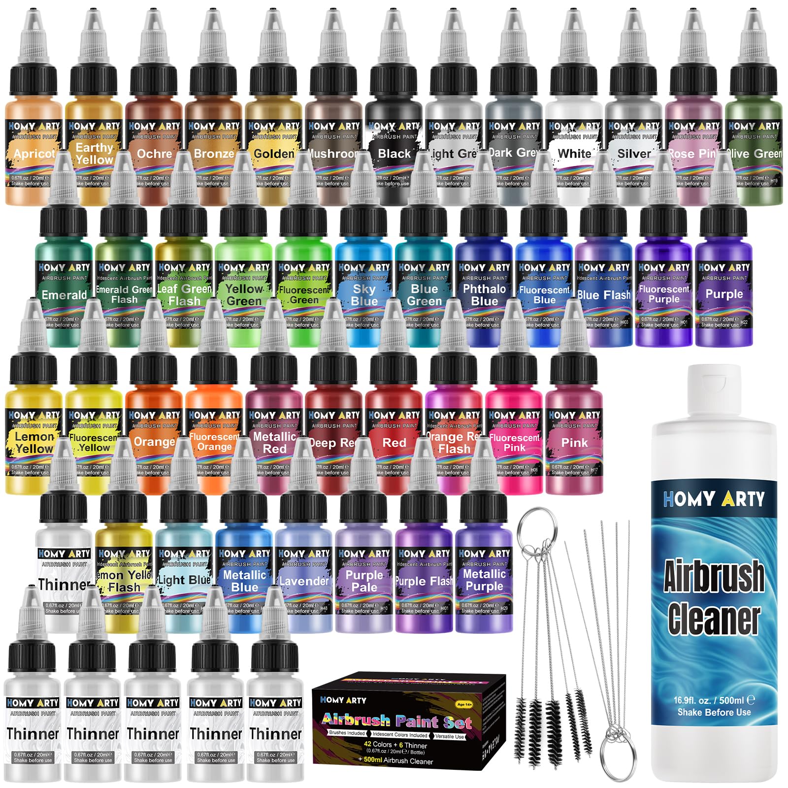HOMY ARTY Airbrush Farbe - 42 Farben mit 6 Verdünner & 500 ml Reiniger mit Pinsel, bereit zum Sprühen Airbrush Farben, Airbrush Lack für Metall, Kunststoffmodelle, Holz, Leinwand, 20 ml/Flasche