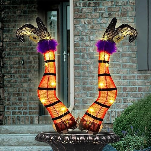 Miniatura 8 de Juegoal Juego de 2 patas de bruja malvada iluminadas de Halloween con estacas, accesorio de bruja de oropel iluminado de 22 pulgadas, temporizador