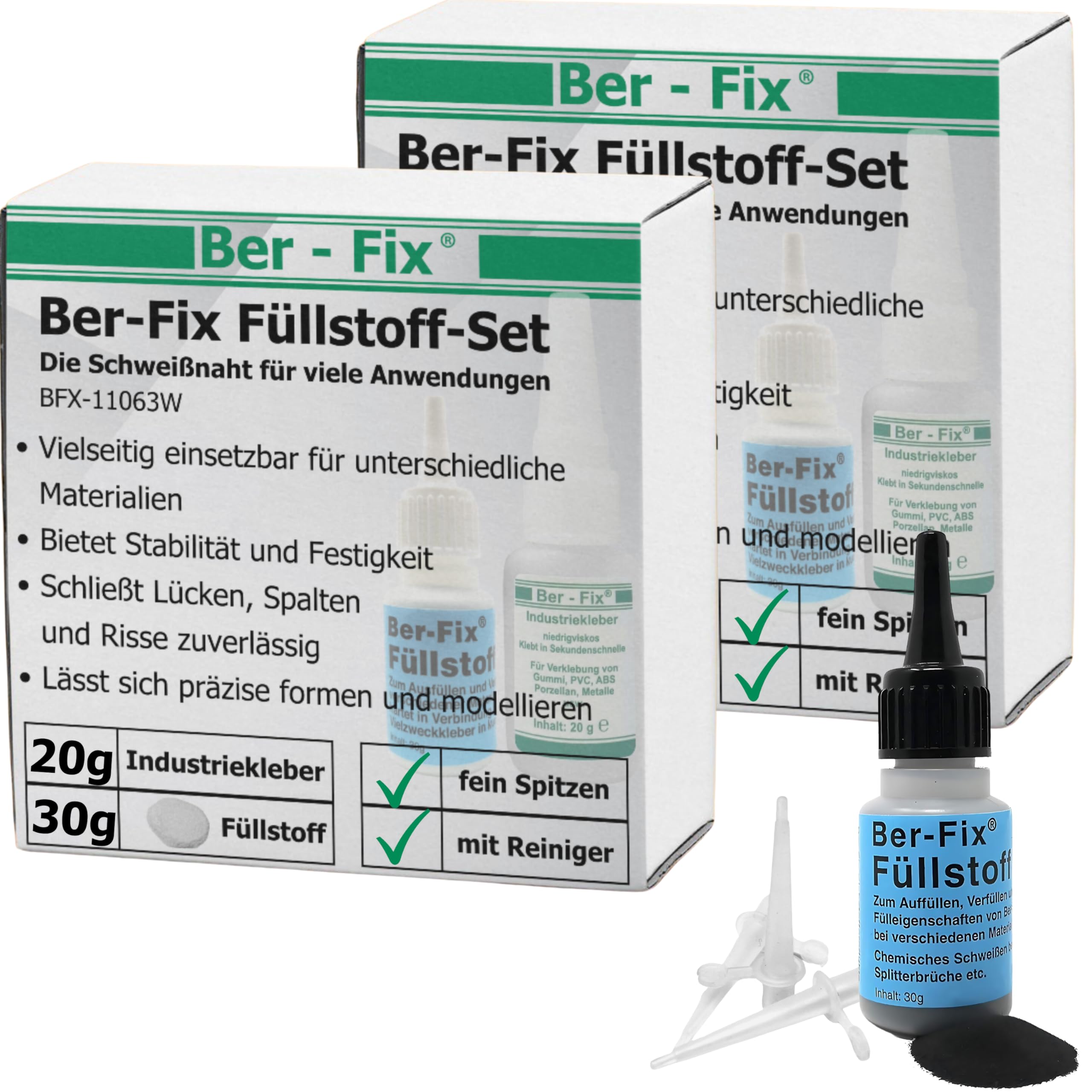 Ber-Fix Juego de relleno M – Adhesivo de soldadura de Berlín de 2 x 20 g pegamento industrial y 2 x 30 g granulado blanco, 1 x 30 g negro 2 k pegamento extra fuerte metal plástico PVC ABS PLA + 6