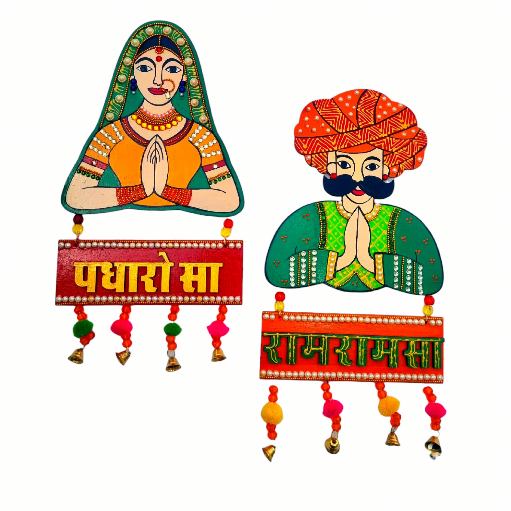 Royal Indian Art Traditional Wooden Handpainted Rajasthani, Marwari Couple, Desi Man Women, Padharo Sa And Ram Ram Sa, Welcome Board For Home Decor(set of 2)