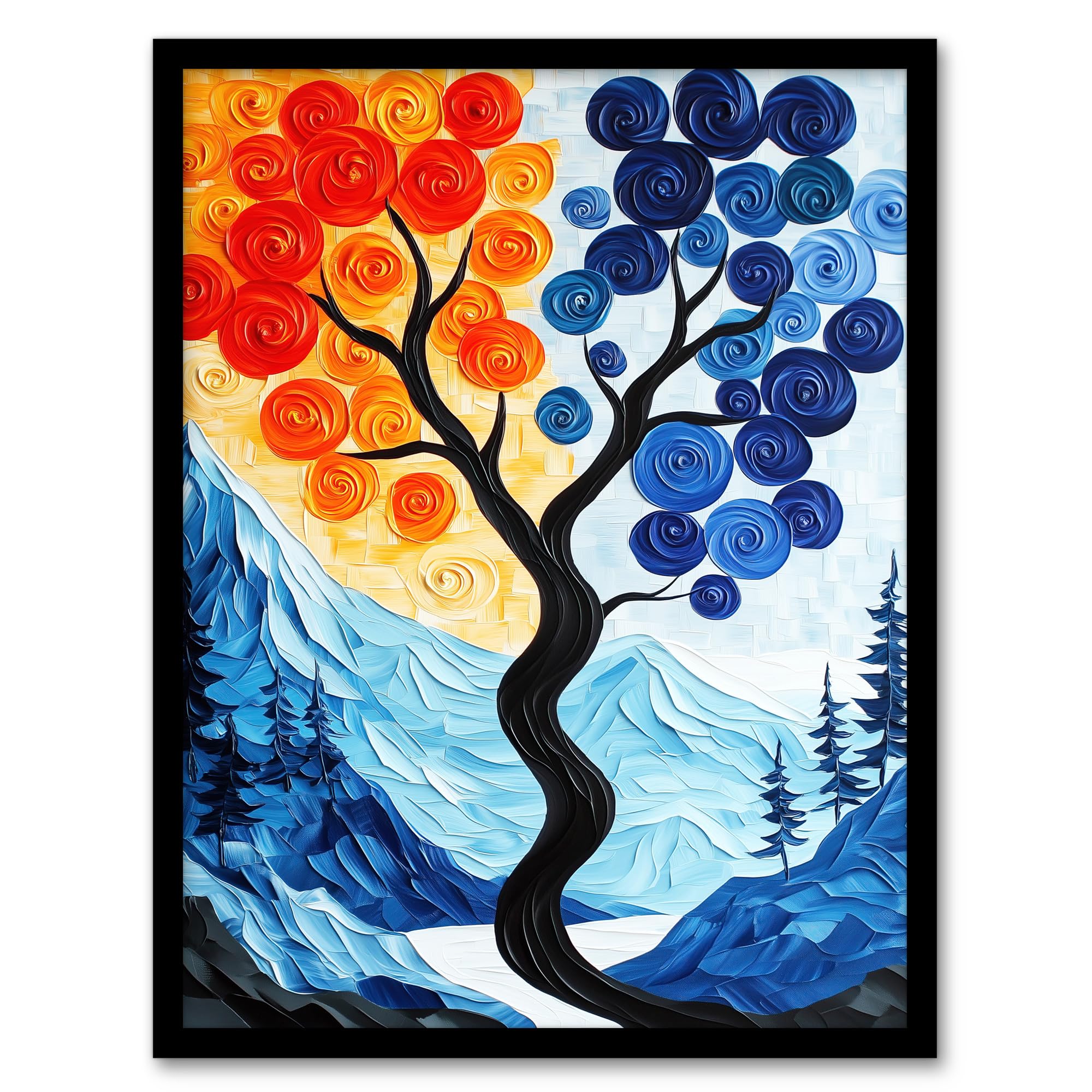 Artery8 Autumn To Winter Tree Folk Art Mountain Landscape Living Room Artwork Framed Wall Art Print 18X24 Inch