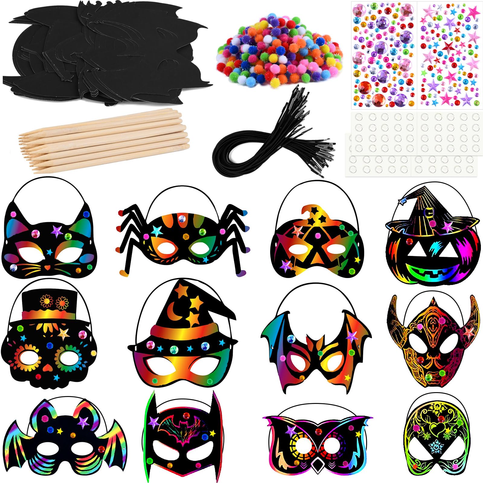 36 Sets Magic Scratch Off Art Rainbow Magic Scratch Paper Halloween Masks Bat Witch Pumpkin Zombie Pirate Skull Scratch Paper Art Face Masks for Kids Halloween Party Crafts Classroom Decorations