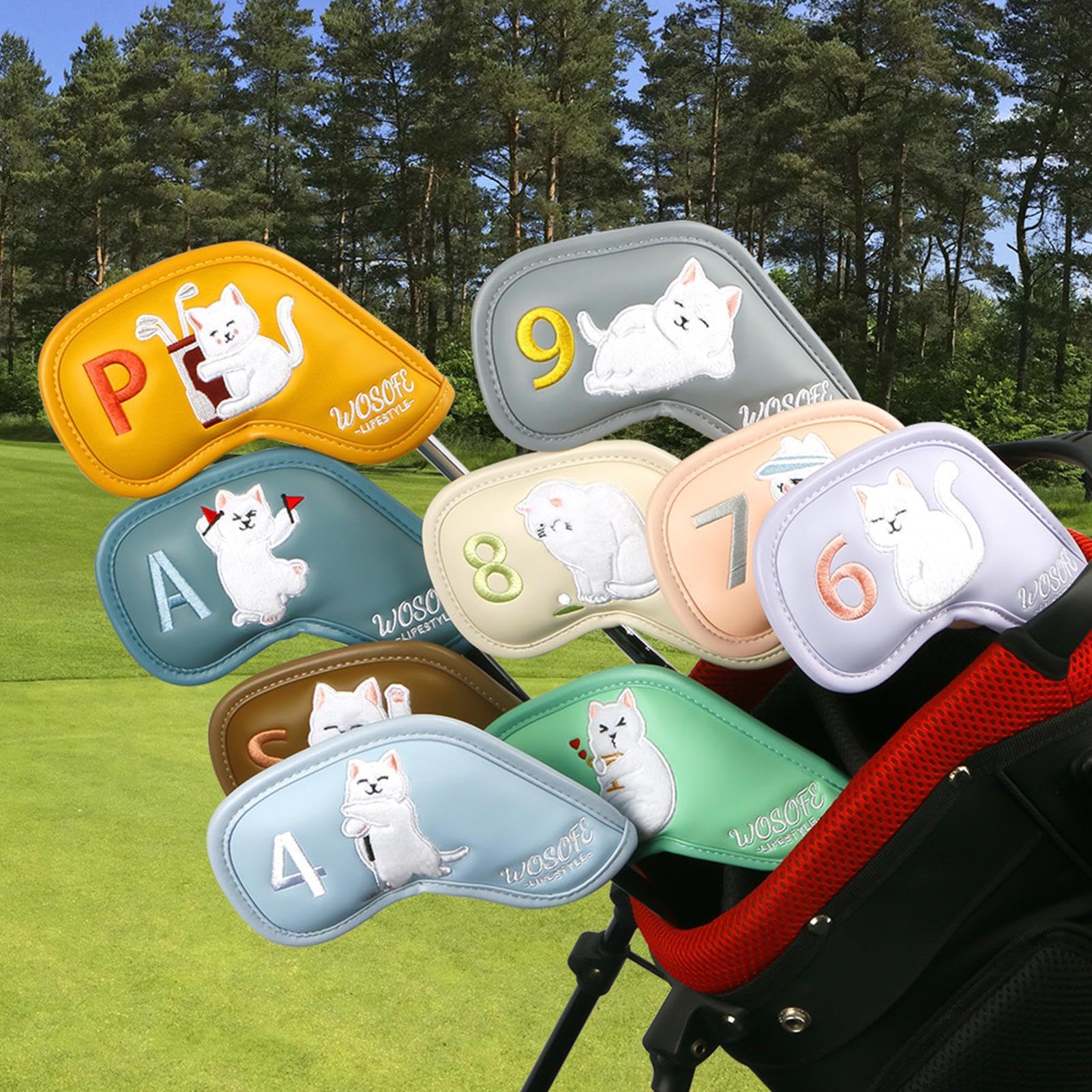 Golfschlägerhauben – 9 Eisen-Abdeckungen für Golfschläger mit austauschbaren Etiketten, Katzen-Golfschlägerabdeckungen für Eisen, Golfschläger-Set für Damen und Herren, Golfliebhaber