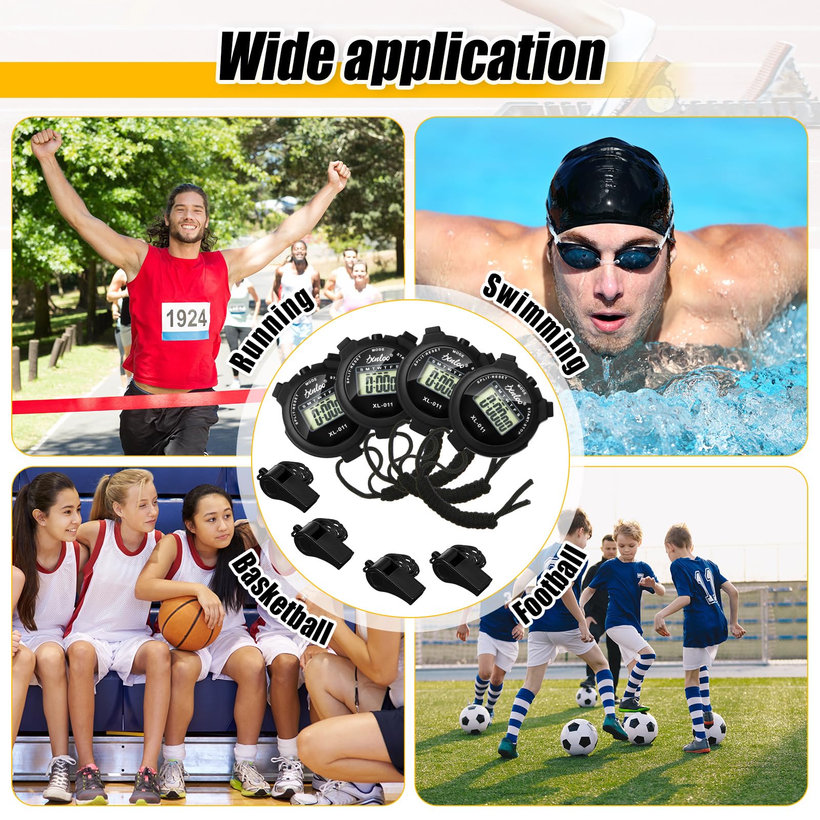 Simgoing Lot de 72 sifflets numériques en plastique pour entraîneurs sportifs, arbitre, montre étanche avec cordon multifonction pour fitness, date, alarme (noir)