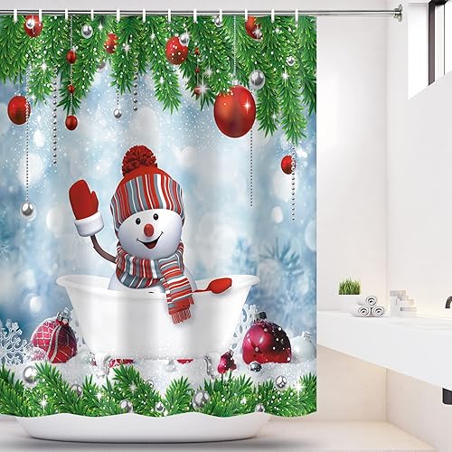 Miniatura 3 de Cortina de ducha de Navidad, bonita cortina de baño de muñeco de nieve, bola de copo de nieve roja, decoración de bañera, hojas de pino verde,